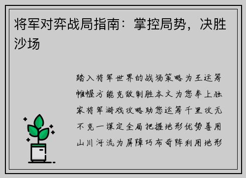 将军对弈战局指南：掌控局势，决胜沙场